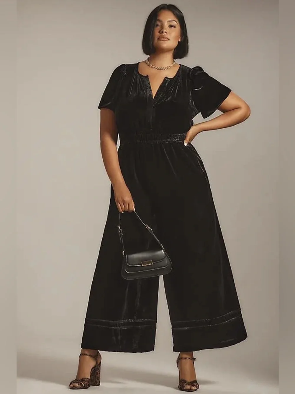 Anthropologie The Somerset Smocked Velvet Wide Leg Jumpsuit in Black XL NEW